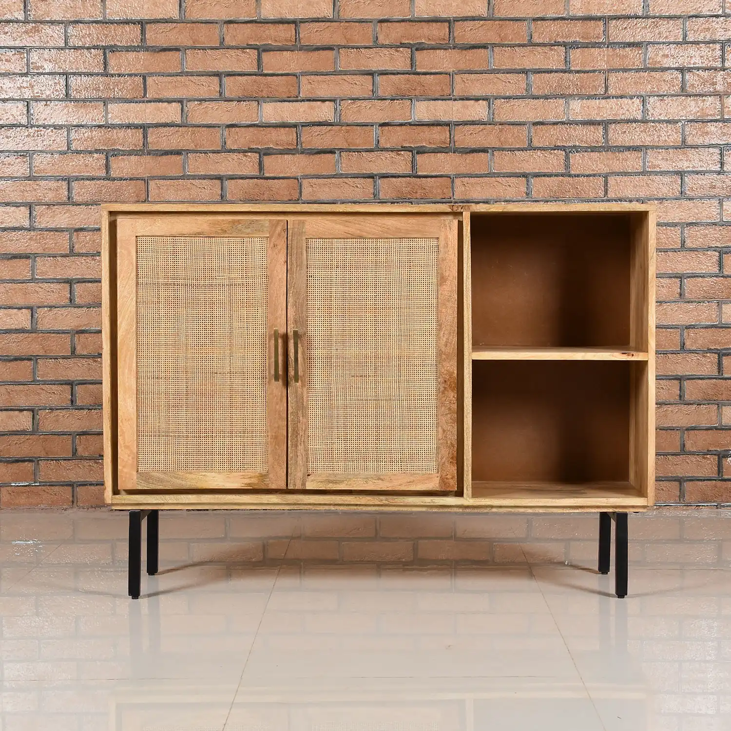 Wooden & Rattan Side Board with 2 Doors & 2 Open Compartments  KD - popular handicrafts